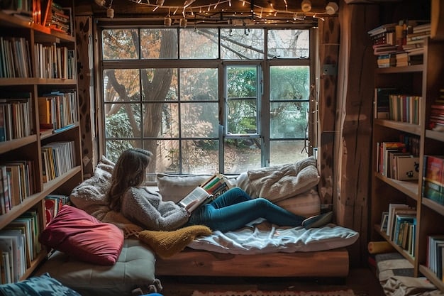 A cozy, well-lit vacation rental living room featuring a comfortable sofa, a bookshelf, and a window overlooking a bustling city street, suggesting an affordable yet homely stay.