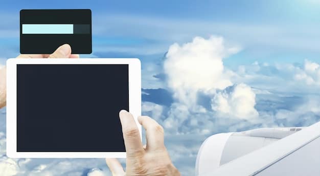 A hand holding a premium travel credit card against a backdrop of a blurred airplane window view of clouds, symbolizing financial freedom and travel rewards.