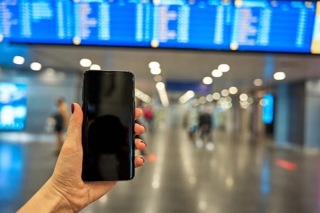 A digital flight voucher displayed on a smartphone screen, with a blurry airport terminal background, representing modern travel convenience.