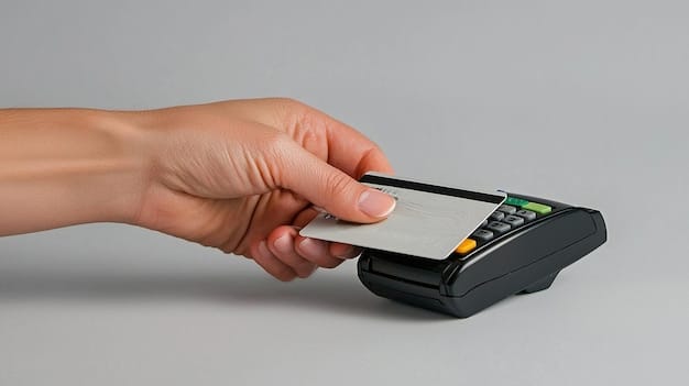 A close-up of a hand holding a credit card, tapping it on a point-of-sale terminal, with an abstract background depicting digital currencies and data streams, illustrating seamless transactions and reward earning.