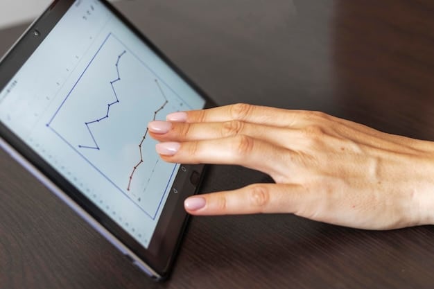 A detailed hand gesture showing a finger tracing a line across a financial graph on a tablet, with blurred credit cards and a calculator in the background, representing meticulous financial planning and credit management.