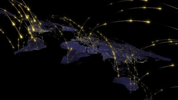 A detailed world map with glowing lines connecting major cities, overlaid with icons representing airplanes and hotels, symbolizing global travel and rewards.
