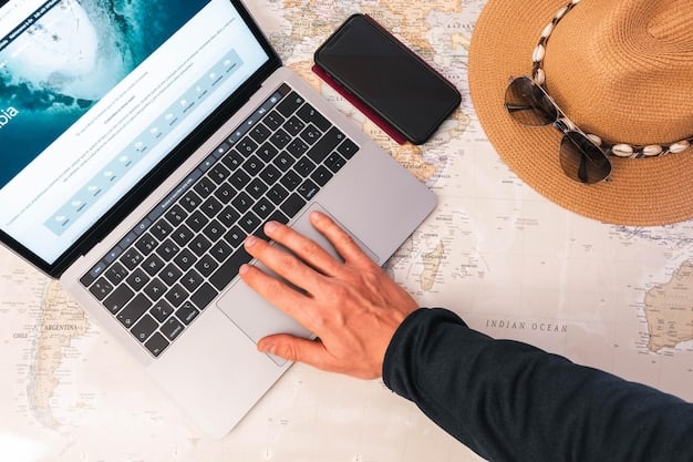 A close-up of hands typing on a laptop, displaying various credit cards and point balances, with travel destination images subtly in the background.