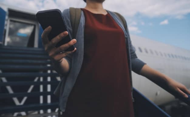 A traveler checking their smartphone for flight details at an airport, with a backdrop of a plane taking off, symbolizing smart travel planning.