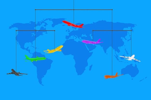 A detailed world map with flight paths highlighted, overlaid with images of airplanes and airport codes, symbolizing global travel and aviation.