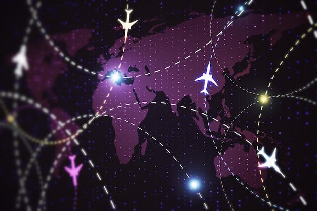 A detailed world map with flight paths intersecting, highlighting various global destinations and the concept of travel connectivity.