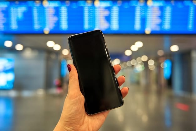 A person holding a smartphone displaying a flight search app with various low flight prices, overlaid on a blurred airport lounge background, indicating convenience and access to deals.