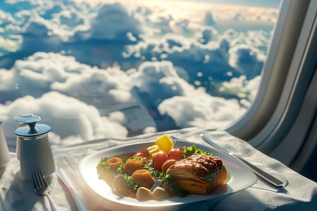 A close-up shot of a gourmet meal being served in a first-class airline cabin, with a window view of clouds, emphasizing the luxurious experience.