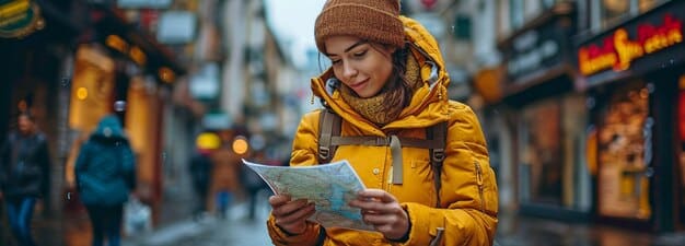 A solo traveler, with a confident posture, looks at a map on her phone in a busy, well-lit pedestrian street at dusk, surrounded by historic buildings and other vibrant activity, suggesting safety and exploration.