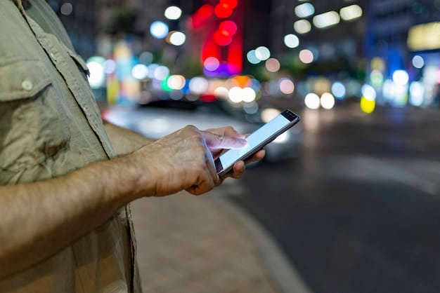 A close-up of a senior traveler's hand holding a smartphone, looking at a map app, with a foreign city street blurred in the background, symbolizing essential connectivity for navigation and safety.