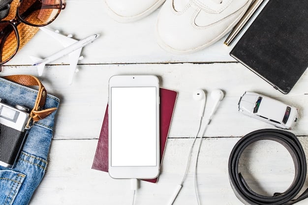 A detailed flat lay of travel essentials, including a passport, tickets, a smartphone displaying a transparent airline booking app, and a small suitcase, symbolizing preparedness for new regulations.