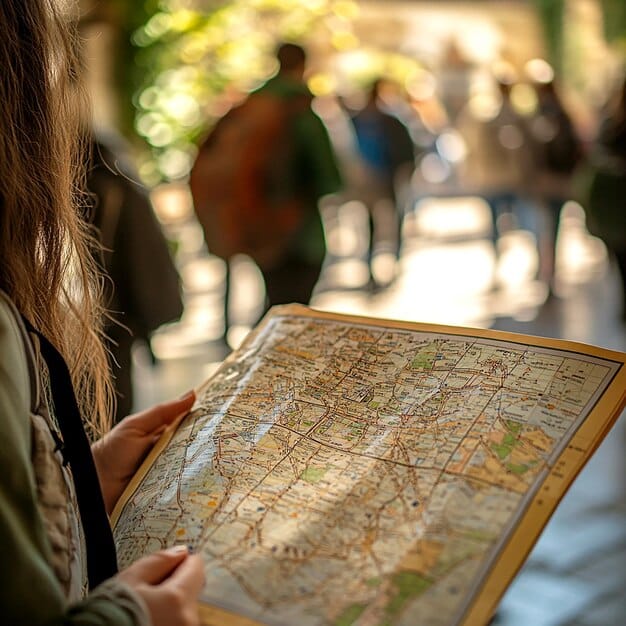 A detailed close-up of a park ranger explaining a map to visitors at a national park information desk, with brochures and a 