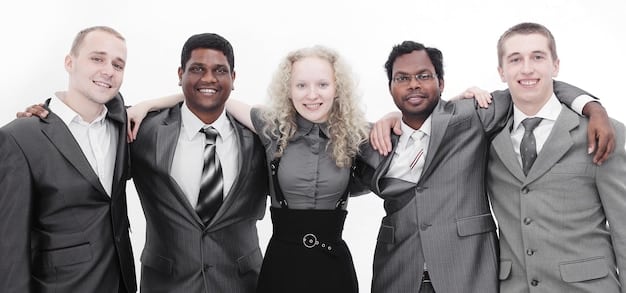 A diverse group of people, some with stethoscopes, some in business attire, looking relieved and smiling, symbolizing beneficiaries of student loan forgiveness.