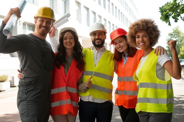 A diverse group of young adults, some wearing hard hats and safety vests, engaged in a hands-on vocational training program, perhaps learning welding or electrical work. The setting is a modern workshop with good lighting, showing active learning and mentorship.