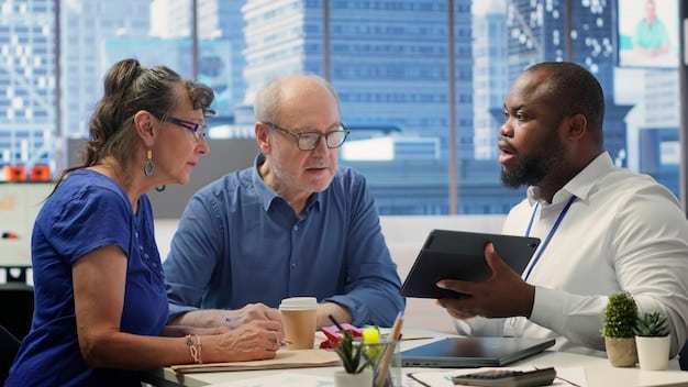 A diverse group of policymakers and healthcare professionals engaged in a thoughtful discussion around a table, with charts and graphs on a screen in the background, symbolizing collaborative efforts to address rising healthcare costs.