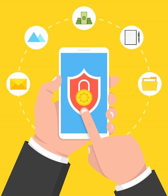 A person's hand holding a smartphone, with a stylized digital padlock icon on the screen, indicating secure mobile privacy settings.