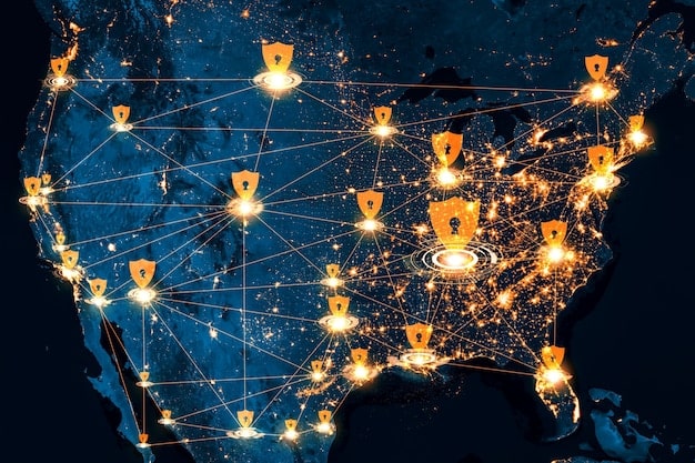 A detailed map of the US with different states highlighted, symbolizing the varying data privacy laws across the country.