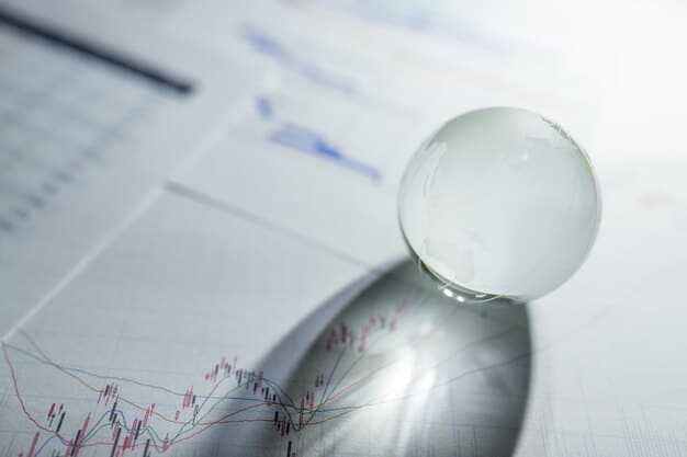 A detailed close-up of a magnifying glass over a financial document with blurred pharmaceutical packaging in the background, symbolizing financial scrutiny.