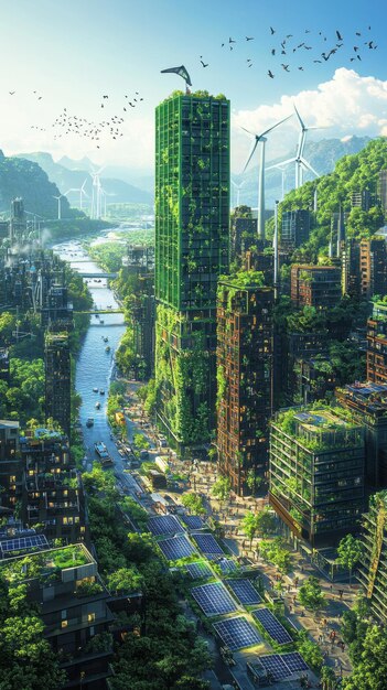 A rendering of an futuristic, eco-friendly city skyline powered entirely by visible advanced renewable energy sources, such as sleek wind turbines and integrated solar panels. The scene is vibrant and suggests technological harmony with nature.