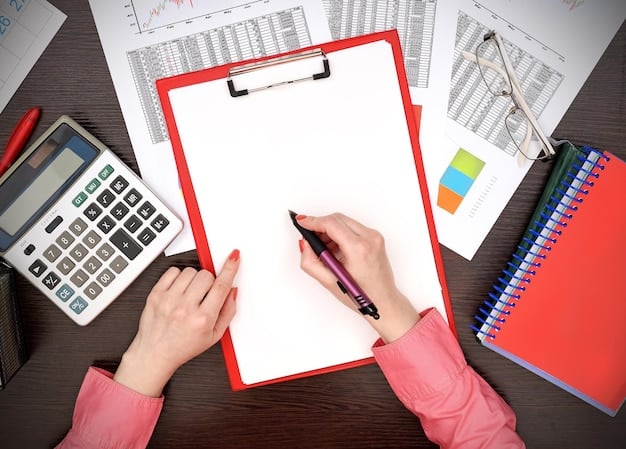 A person's hand holding a pen, pointing at a tax form with various highlighted sections, indicating complex deductions and calculations.