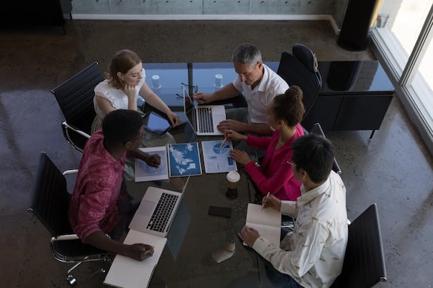 A diverse group of people, representing various professions, engaged in collaborative work in a modern office setting, with subtle tech elements.