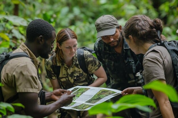 A park ranger discussing conservation plans with a group of diverse stakeholders in a meeting room, symbolizing collaboration and responsible oversight of funding allocation.