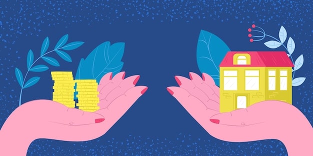 A stylized graphic showing two hands, one holding a dollar bill and the other holding a small house, with arrows indicating rising costs for both, set against a background of economic charts.