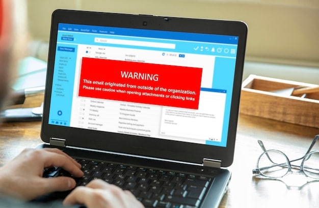 A close-up of a computer screen displaying multiple suspicious email notifications, pop-up ads, and a warning sign icon, suggesting a compromised digital environment. A hand is hesitantly hovering over the mouse.