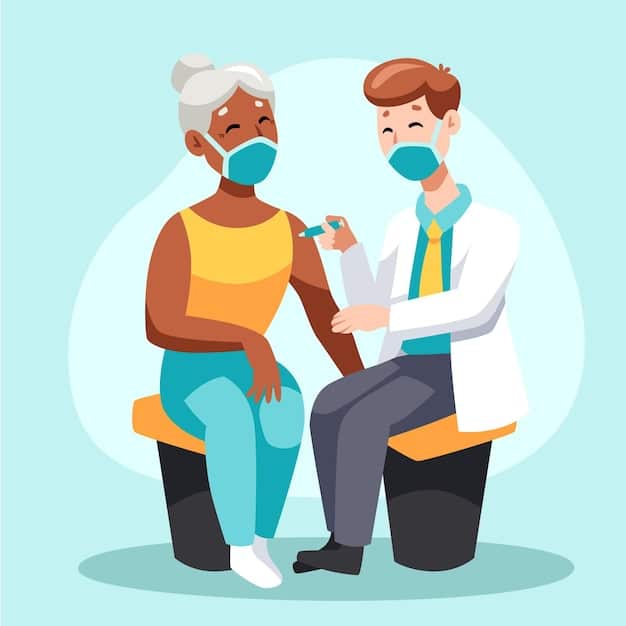 Senior citizen receiving a booster shot from a nurse, demonstrating tailored healthcare for high-risk populations.