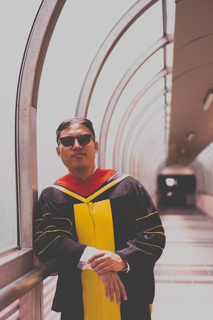 A young adult, possibly a recent high school graduate, looking confidently towards a bright future, perhaps walking through a college campus or an office building foyer, representing successful transition.
