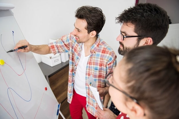 A teacher at a whiteboard explaining a complex math problem to a small group of engaged students, highlighting interactive and conceptual learning.