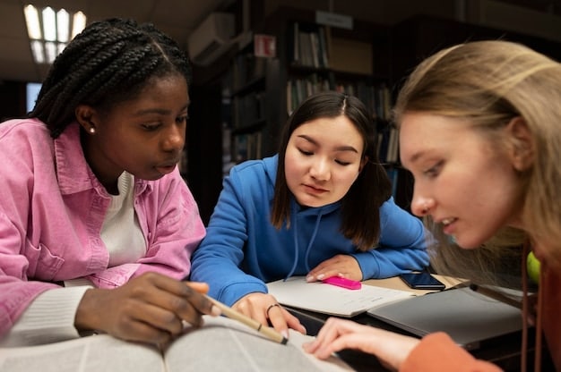 A diverse group of high school students actively engaged in a study group, reviewing textbooks and taking notes together, demonstrating collaborative learning and preparation for challenging exams.
