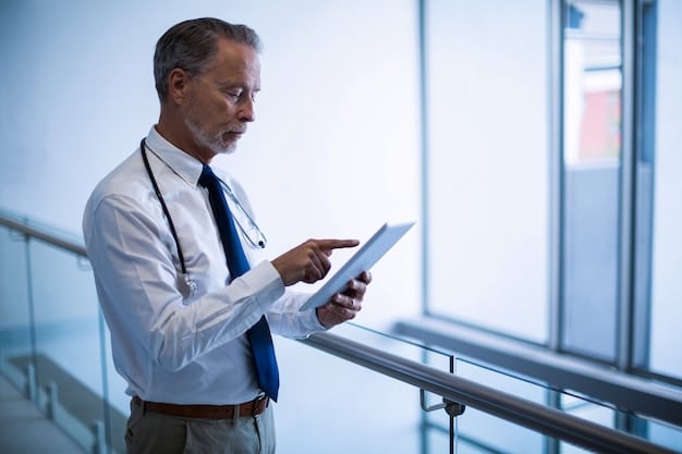A healthcare professional, possibly a researcher or doctor, looking at data on a tablet in a modern, clean hospital or lab setting, emphasizing innovation in health.