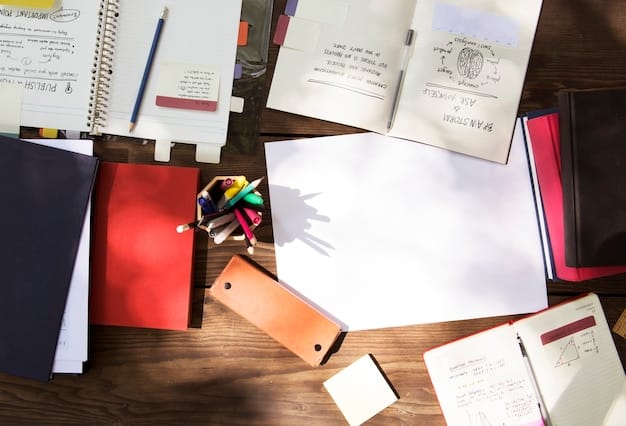 A close-up of a student's hand writing notes in a study planner, surrounded by textbooks and highlighters, emphasizing organized study planning.
