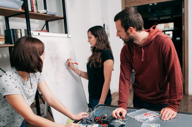 A group of STEM educators collaboratively designing a curriculum on a whiteboard, showcasing teamwork and innovative educational planning. Diverse hands are drawing diagrams and writing notes.