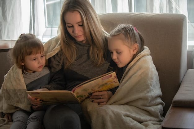 A supportive parent and child reading a storybook together on a cozy couch, illustrating the importance of parental involvement in early childhood education.
