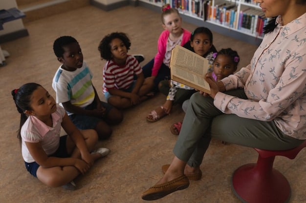 A diverse group of children sitting on a classroom carpet, attentively listening to a teacher who is showing a large picture book, suggesting an inclusive learning environment.