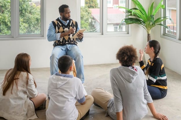 A teacher facilitating a group discussion with elementary school children, encouraging active listening and respectful dialogue, with diverse expressions reflecting understanding and engagement.