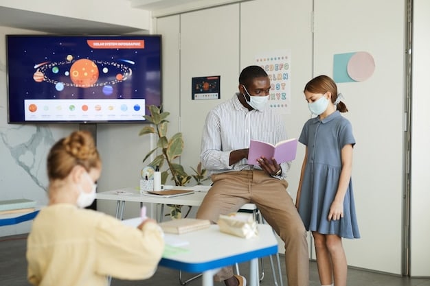 A diverse group of students collaborating on a project in a modern classroom, utilizing flexible seating arrangements and interactive whiteboards, emphasizing student-centered learning.