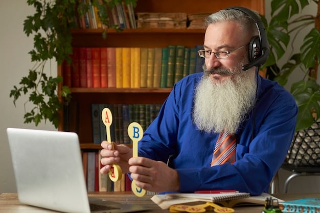 An adult learner in a modern, flexible workspace, engaged in an online course on a laptop, surrounded by educational materials, symbolizing lifelong learning and adaptability.