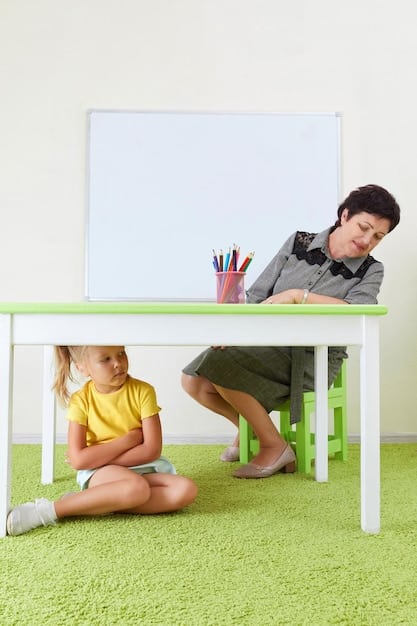 A parent and a teacher sitting face-to-face at a small table, engaged in a serious but constructive conversation, with school supplies and textbooks in the background, symbolizing their shared focus on the child's education.