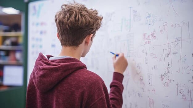 A high school student intently working on a complex math problem on a whiteboard, surrounded by equations and diagrams, demonstrating deep engagement and problem-solving.