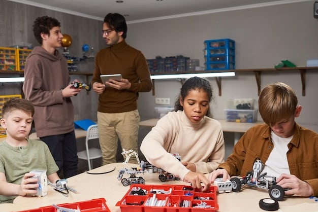 High school students engaged in a robotics workshop, working as a team to assemble and program a robot, showcasing practical application of STEM and problem-solving skills.
