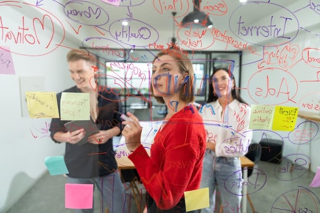 A graduate engaged in a brainstorming session, surrounded by whiteboards with complex diagrams and notes, illustrating critical thinking and problem-solving. They are actively pointing at a solution on the board.
