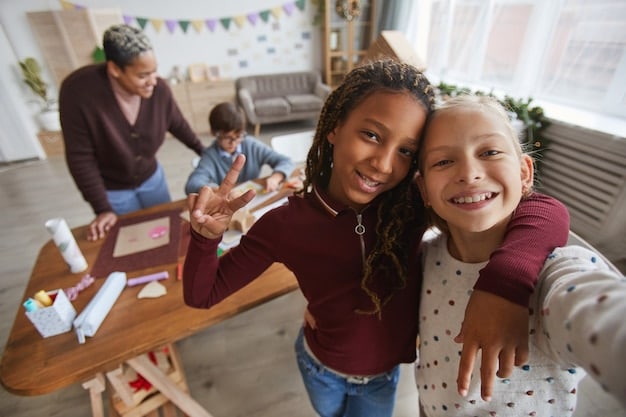 A diverse group of four children, varying in age and ethnicity, enthusiastically collaborating on a science experiment activity on a spacious indoor table, surrounded by colorful educational tools and a positive, cooperative atmosphere.