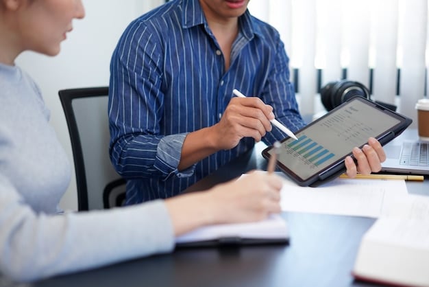 A financial advisor explaining tax implications to a client, with charts and graphs on a tablet screen, highlighting personalized tax planning.