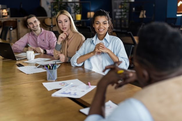 A diverse group of people sitting around a conference table engaged in a financial planning discussion, accompanied by graphs and notebooks, illustrating collaborative financial strategy and professional advice.