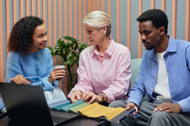 A diverse group of people, including seniors and younger individuals, engaged in financial discussions around a table filled with documents and calculators, representing intergenerational financial planning and Social Security's broad impact.