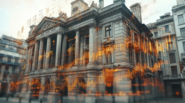 A depiction of a central bank building with financial charts in the background, symbolizing monetary policy and economic control.