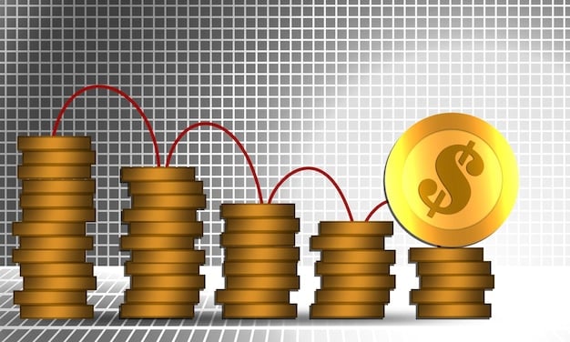 A stack of coins and dollar bills growing taller, symbolizing increasing savings and wealth accumulation over time.